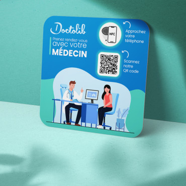 Doctolib plate connected with NFC chip for wall, counter, POS and showcase