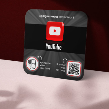 Plaque YouTube connectée avec puce NFC pour mur, comptoir, PLV et vitrine