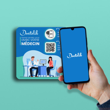 Doctolib prisijungimo lentelė su NFC lustu sienai, baldui, prezentacinei lentynai ir vitrinei.