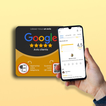 Plaque Avis clients Google connectée avec puce NFC pour mur, comptoir, PLV et vitrine