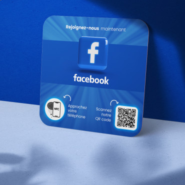 Plaque Facebook connectée avec puce NFC pour mur, comptoir, PLV et vitrine