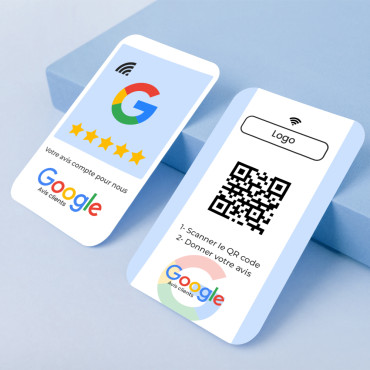 Vertikāla Google atsauksmju karte ar NFC tehnoloģiju un QR kodu.