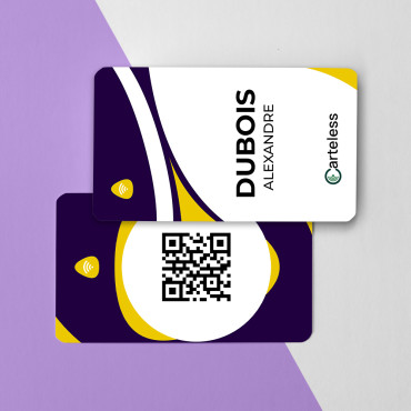 Connected & contactless business card in purple, white and a touch of yellow