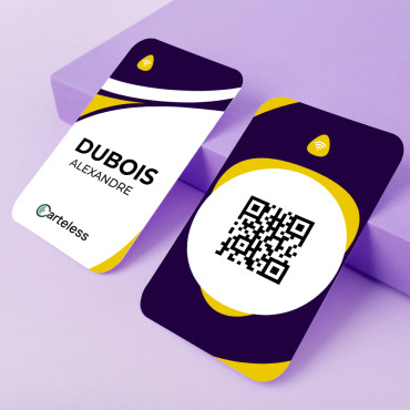 Connected & contactless business card in purple, white and a touch of yellow