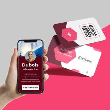 Black connected & contactless business card with a pink and white design