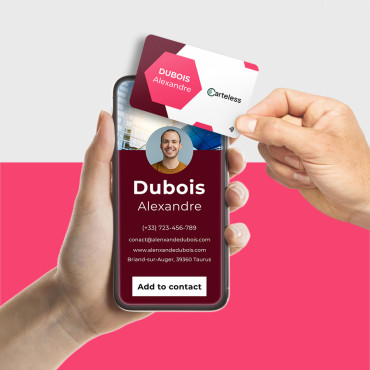 Schwarze vernetzte und kontaktlose Visitenkarte mit rosa-weißem Design