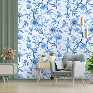 Voorgekleefd behang - Blauwe bloemen