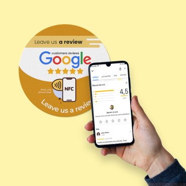 Adesivo Google Review connesso NFC e codice QR per parete, bancone, POS e vetrina