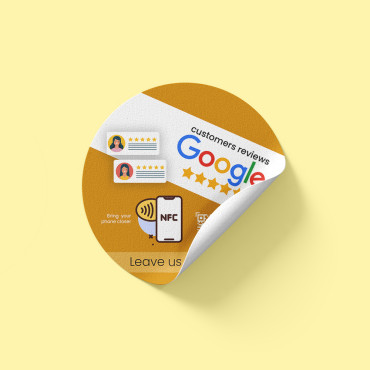 Nalepka Mnenje Google povezana z NFC čipom in QR kodo za steno, pult, promocijo na prodajnem mestu in izložbo.