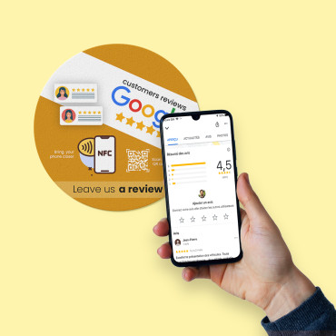 Nálepka s pripojením k službe Google s NFC čipom a QR kódom pre stenu, pult, POS a výklad.