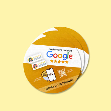 Klistermärke Google Review kopplat till NFC-chip och QR-kod för vägg, disk, POS och fönster