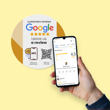 Google'i kliendiarvustuste kleebis koos NFC-pulga ja koodiga QR seina, leti, POS-i ja vitriini jaoks.