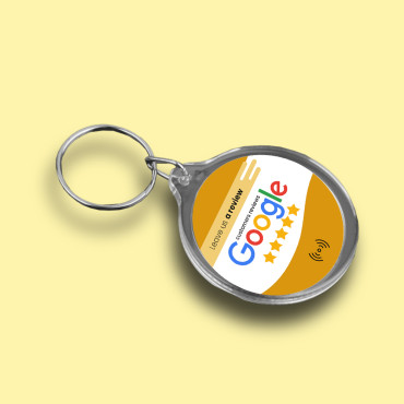 Raktažodis „Google“ atsiliepimai su NFC ir dvipusiu QR kodu susijungęs raktų pakabukas.