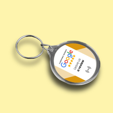 Raktažodis „Google“ atsiliepimai su NFC ir dvipusiu QR kodu susijungęs raktų pakabukas.