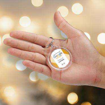 Raktažodis „Google“ atsiliepimai su NFC ir dvipusiu QR kodu susijungęs raktų pakabukas.