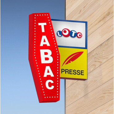 Šviesi vėliava su užrašu „Tabakas · Loto · Spauda“