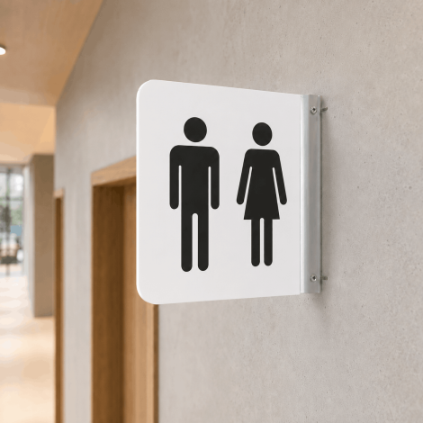 Toiletsignaalvlag in aluminium Dibond, dubbelzijdig en zichtbaar van beide kanten.