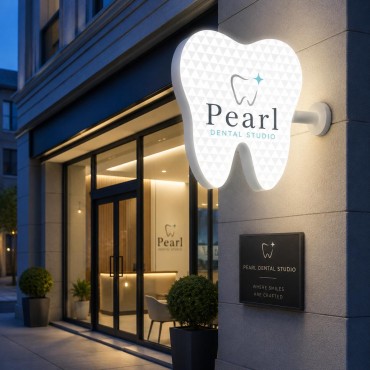 Enseigne lumineuse en forme de dent avec logo