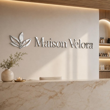 Installation example: silver mirror Dibond logo above a commercial counter.