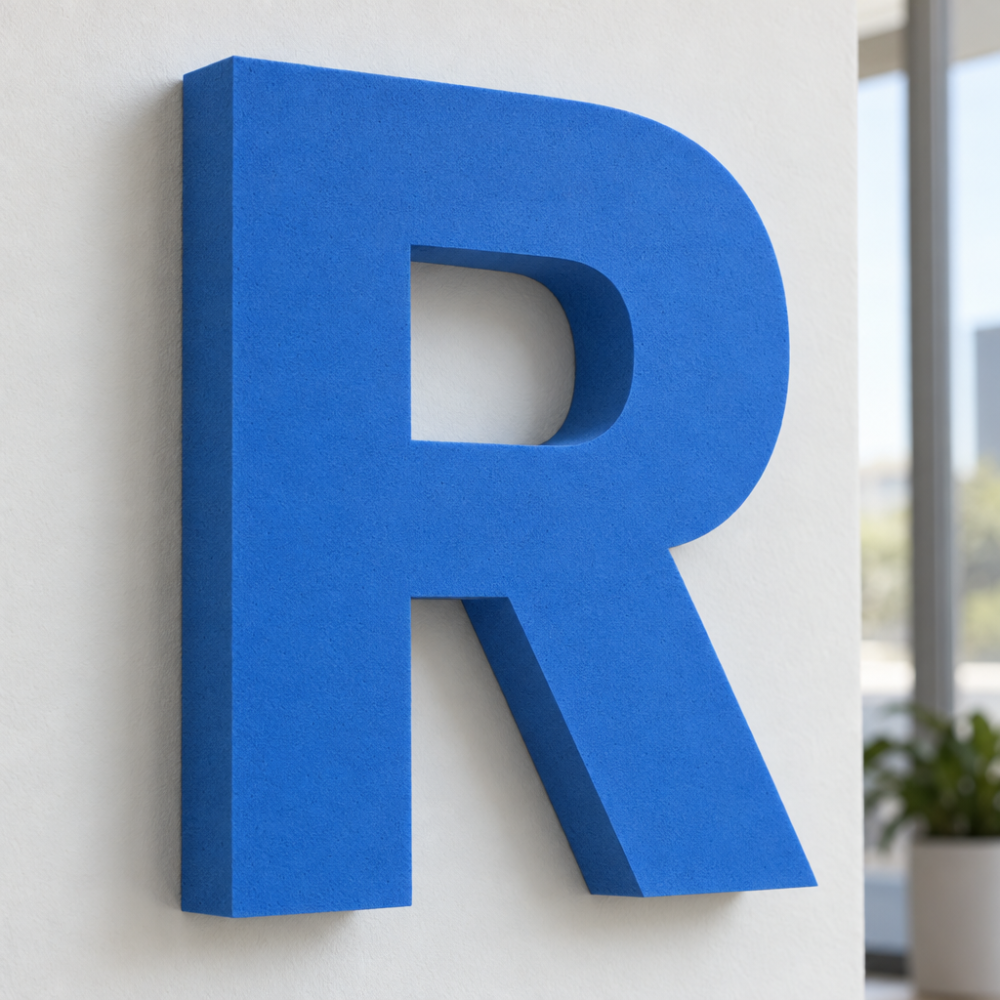 Letter R in extruded polystyrene XPS, close-up showing its depth