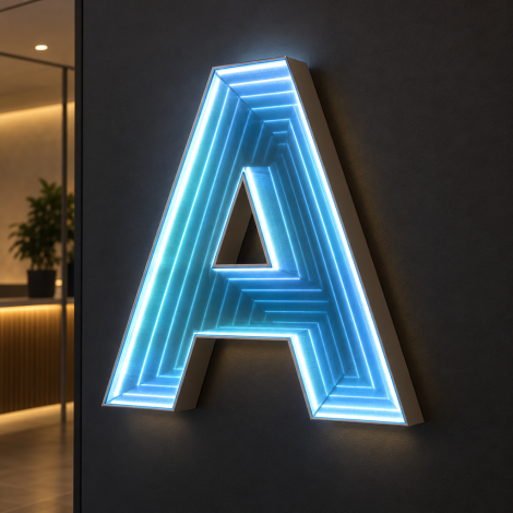 Verlichte letter A met oneindig spiegeleffect op een donkere muur
