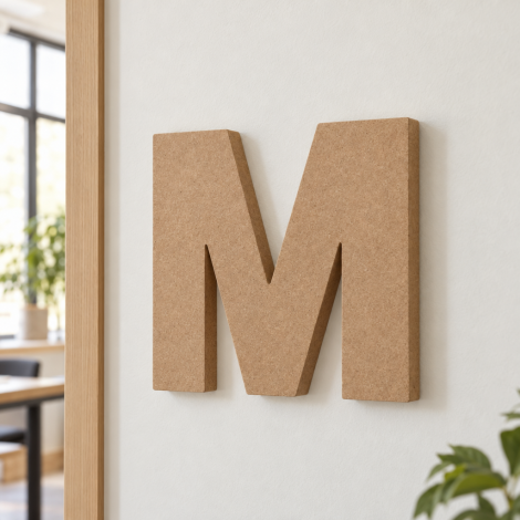 Lettera M in MDF naturale da 19 mm su una parete interna