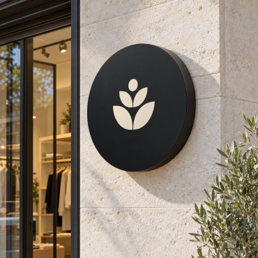 Rundt, sort skilt uden lys med lyst motiv på en facade