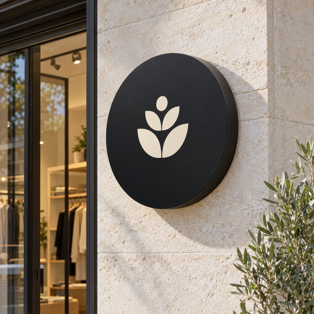 Enseigne ronde noire non lumineuse avec motif clair sur une façade