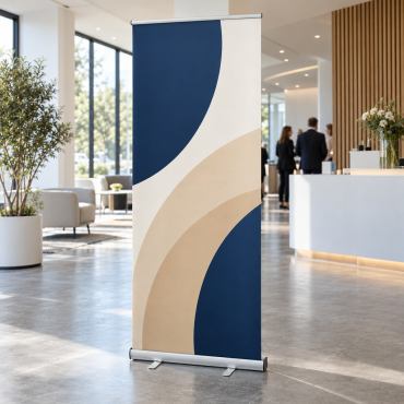 Roll-upbanner met abstract patroon, opgesteld bij de ontvangst van een evenement
