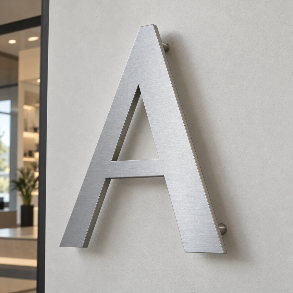 Lettre A en aluminium satiné, fixée en relief sur un mur clair avec des entretoises.