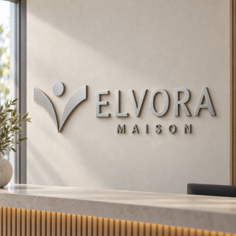 Nástenná tabuľa zo saténového hliníka s plastickým abstraktným emblémom, názvom ELVORA a opisným textom MAISON.