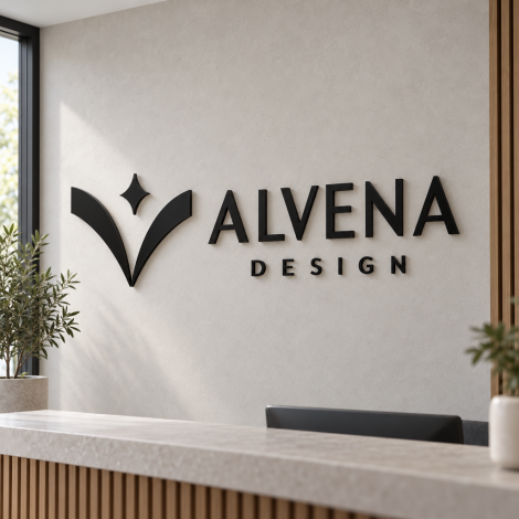 Svart veggskilt med abstrakt symbol, bokstavene ALVENA og beskrivelsen DESIGN i relieff på en lys vegg.