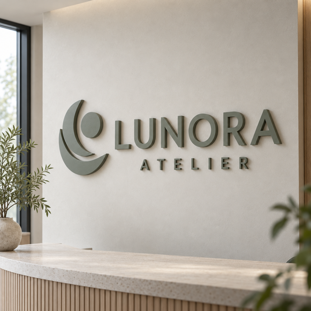 Domború XPS polisztirol falitábla emblémával, LUNORA és ATELIER felirattal
