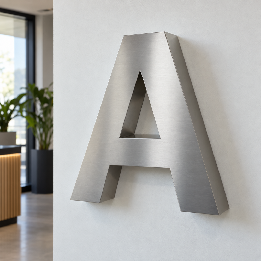 Erhabener 3D-Buchstabe A aus Stahl, Vorderseite und Seitenflächen sichtbar