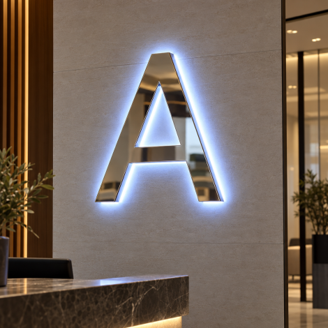 Individualiai pagaminta šviečianti raidė su metaliniu priekiniu paviršiumi ir metakrilato korpusu, pritvirtinta prie sienos.