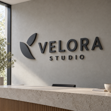 VELORA STUDIO seinareklaam värvitud alumiiniumist kasttähtedega, abstraktse embleemi ja mati viimistlusega