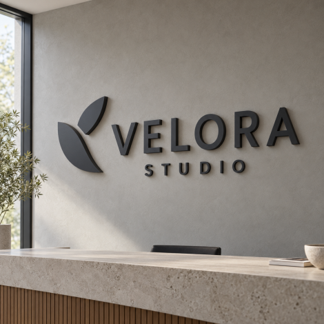 Zidna reklama VELORA STUDIO s obojenim aluminijskim volumenskim slovima, apstraktnim amblemom i mat završnom obradom