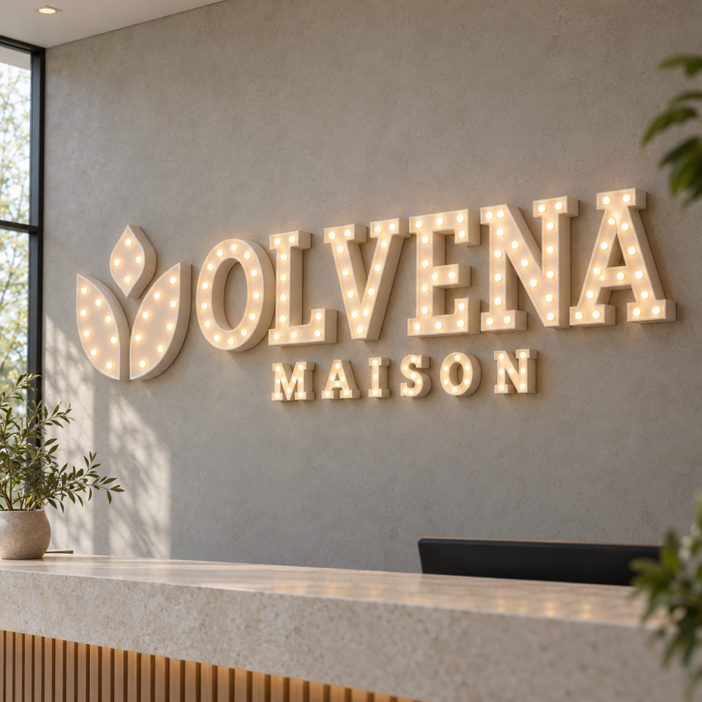 Valgustusega isikupärastatud OLVENA MAISONi suure tihedusega polüstüreenist reklaamsilt vastuvõturuumi seinal