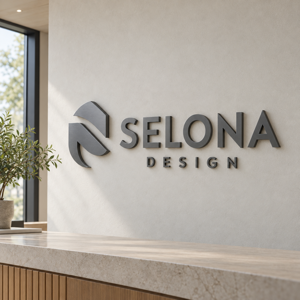 Insegna murale in acciaio e PVC con emblema, nome SELONA e scritta DESIGN in rilievo