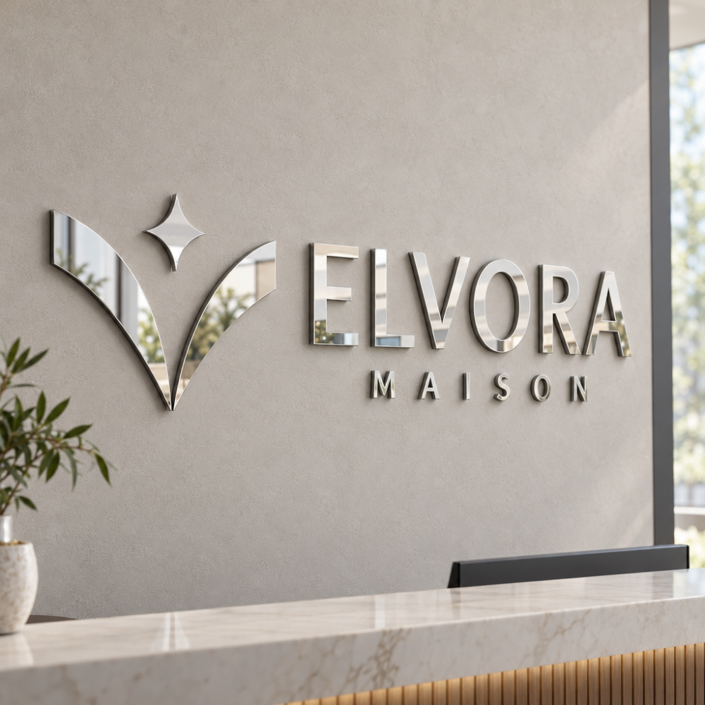 ELVORA MAISON sieninė iškaba su raidėmis ir emblema, išpjautomis iš sidabrinio veidrodinio akrilo