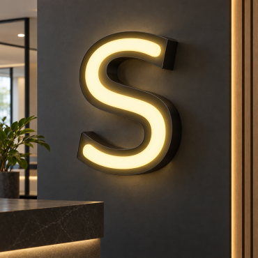 Meleg fehér plexi előlapú, alumíniumszerkezetű és mély oldalú, háromdimenziós, világító S betű, felszerelve a