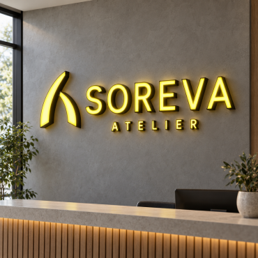 SOREVA ATELIER wall sign with abstract emblem, aluminium relief, plexiglass base and yellow LEDs