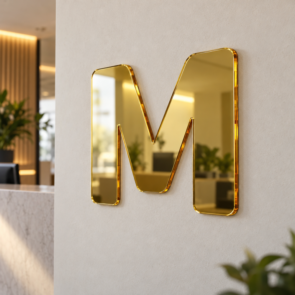 3 mm vastag, aranytükör felületű plexiből készült M nagybetű egy recepció falára rögzítve