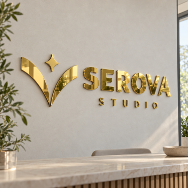 Enseigne murale SEROVA STUDIO en lettres et emblème de plexiglas acrylique miroir doré