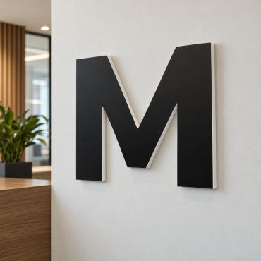Egyetlen, fekete nyomtatású PVC M betű, látható fehér éllel, egy fogadófalra felszerelve