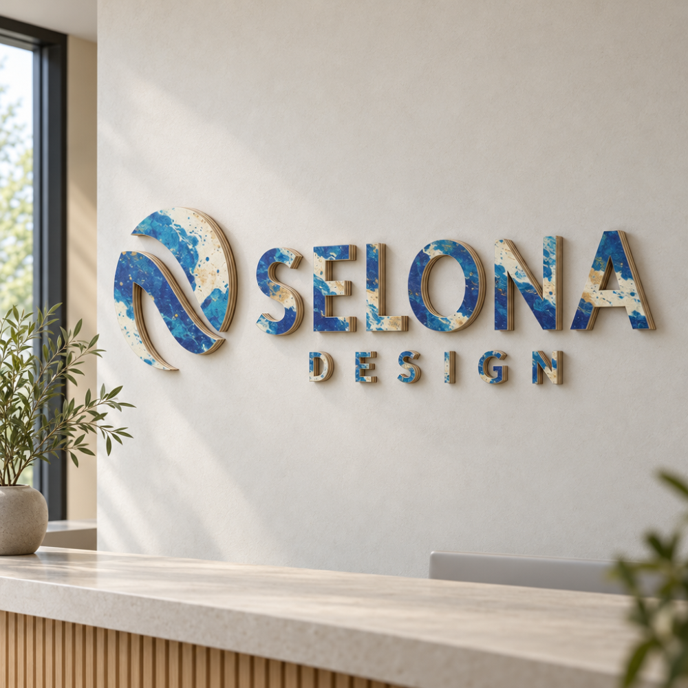 SELO​NA DESIGN -seinäkyltissä on vanerista leikattu tunnus, abstrakti kuvio ja sininen painatus