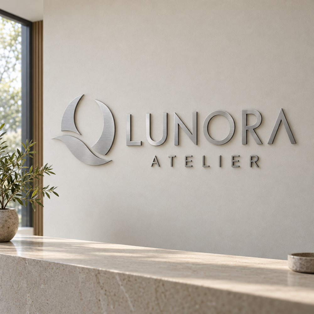 LUNORA ATELIER -seinäkilpi satiinipintaisesta ruostumattomasta teräksestä, abstrakti tunnus ja leikatut kirjaimet vastaanoton