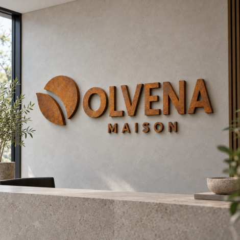 Nástěnná cedule OLVENA MAISON s emblémem a písmeny v lakované povrchové úpravě imitující cortenovou ocel