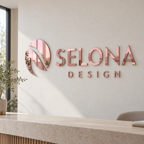 Personlig väggskylt med SELONA DESIGN i rosa spegelakryl