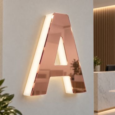 Lettera A luminosa a specchio oro rosa su plexiglass bianco opal, spessore 20 mm, installata su una parete